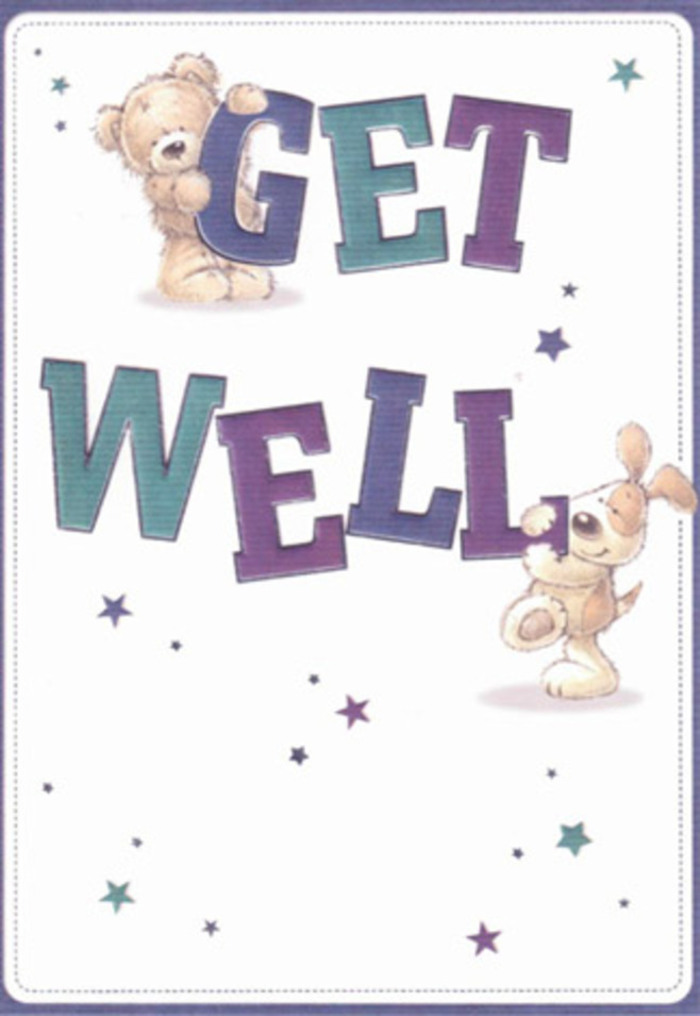 A scene brimming with gentle encouragement, this get well card illustration celebrates the power of simple acts of kindness, as seen through the eyes of Raynes Park locals. The composition finds a cuddly bear and a playful puppy sharing the spotlight among sweeping, hand-painted bursts of whimsical stars. Their warm smiles and textured, downy fur evoke the comforting feel of a freshly wrapped blanket or the way a thoughtfully chosen flower arrangement can soothe the heart. The large, confident letters-alight in velvety purples and cool aquas-anchor the scene with a cheery sense of reassurance, as if echoing the upbeat energy of West Barnes Lane on a sunny afternoon. There's a tangible sense of touch in every detail, from the velvety puppy ears to the subtle shading in the typeface, making the card more than a visual treat; it's a message one can almost feel. Imagining this card sent alongside a vibrant bouquet from the heart of Raynes Park, it becomes a symbol of hope and support, perfect for anyone needing a lightness of spirit during recovery. The whole tableau is wrapped in an airy brightness, inviting optimism and gentle smiles.