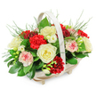 A thoughtfully arranged funeral flower basket is shown in clear, even light against a simple white background, allowing every flower, leaf, and texture to be easily imagined. The basket is a shallow, oval cradle of pale wood, its slender slats and low, rounded feet giving it a neat, handcrafted look. A single arched handle sweeps gracefully over the centre, painted or stained in a light, natural tone that harmonises with the flowers rather than distracting from them. Rising from this base is a rich, dome-shaped cluster of blooms, so full that they seem to gently overflow the edges. Prominent among them are creamy white roses, fully open, with velvety petals spiralling out in soft layers that convey purity and a peaceful farewell. Around these are numerous red carnations, their plush, ruffled heads bringing warm depth and emotion, ideal for marking a life well lived in Raynes Park, Morden, or nearby neighbourhoods. Some carnations carry bi-coloured petals, with pale pink or white tones delicately edged in red, softening the contrast and adding subtle visual interest. Threaded among the larger flowers are smaller white blossoms, likely freesias, with slender green stems and airy, bell-shaped blooms that introduce lightness and a hint of imagined fragrance. The arrangement is completed with an abundance of greenery: broad, deep green leaves offer structure and weight, while feathery, fern-like fronds lift the eye upward and outward, creating a gentle halo around the flowers. The overall effect is one of quiet abundance and respectful beauty, perfectly suited for a funeral, cremation service, or memorial gathering, or for sending a comforting tribute to a grieving family home in the Raynes Park community.
